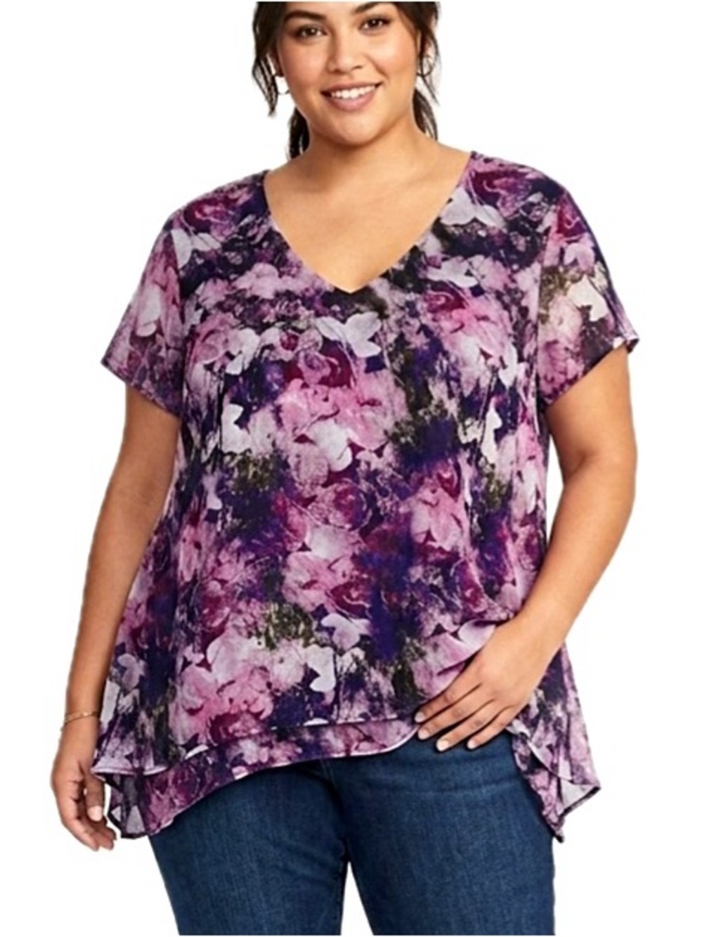 Simply Vera Wang Floral Double Layer V-Neck Tee Size XL Purple Asymetrical Hem